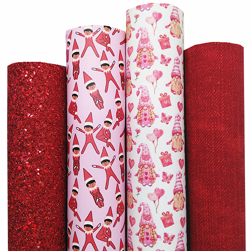 Description Picture 2 of itemRed Glitter Leather Sheets Elfs Hearts Gnome Printed Synthetic Leather Felt Back Faux Leather Denim For Bow DIY 21x29CM Q1546