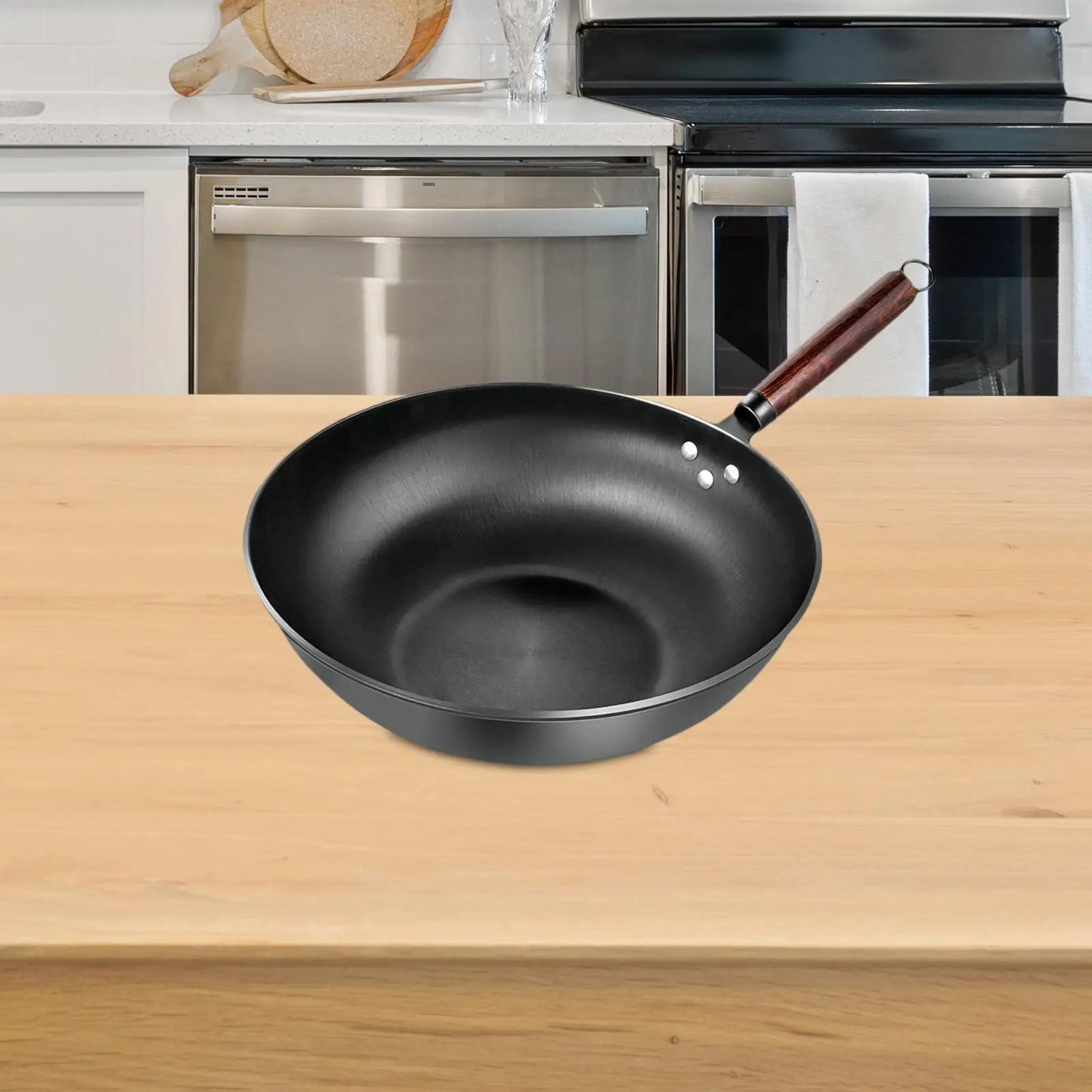 Nonstick Wok Uncoated Durable Induction Cooker Wood Handle Universal Wok Pan Chinese Wok Stir Fry Pan for Cooking Sautee Boiling