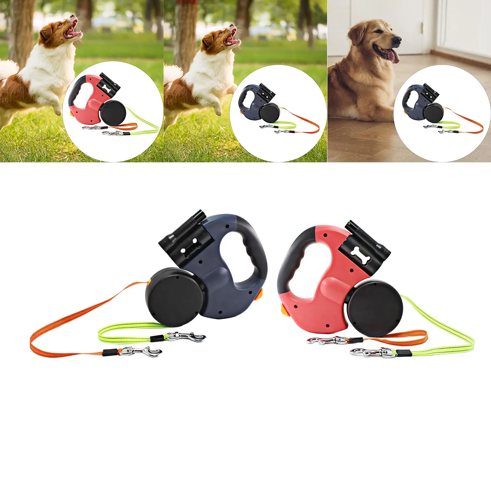 Double Retractable Dog Leash Nonslip Grip with Garbage Bag Dispenser for Small Medium Dogs