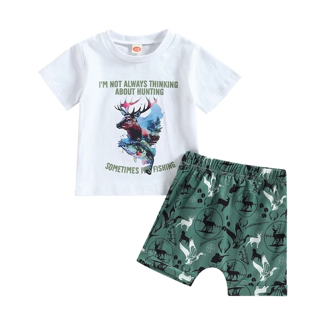 FOCUSNORM Infant Baby Boys Summer Clothes Sets 2pcs Short Sleeve O Neck  Letter Print Tops + Cartoon Fish Shorts