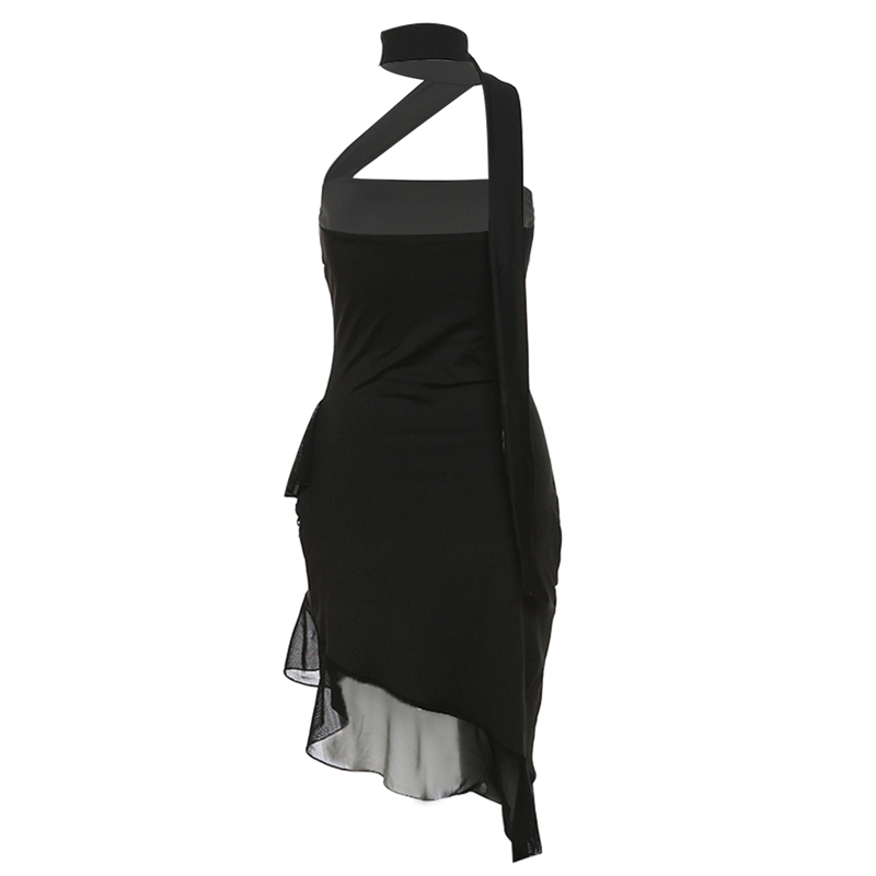 Ruffled Dresses for Women Summer Solid Color Sleeveless Halterneck Backless Irregular Hem Midi Dress y2k Party Dress