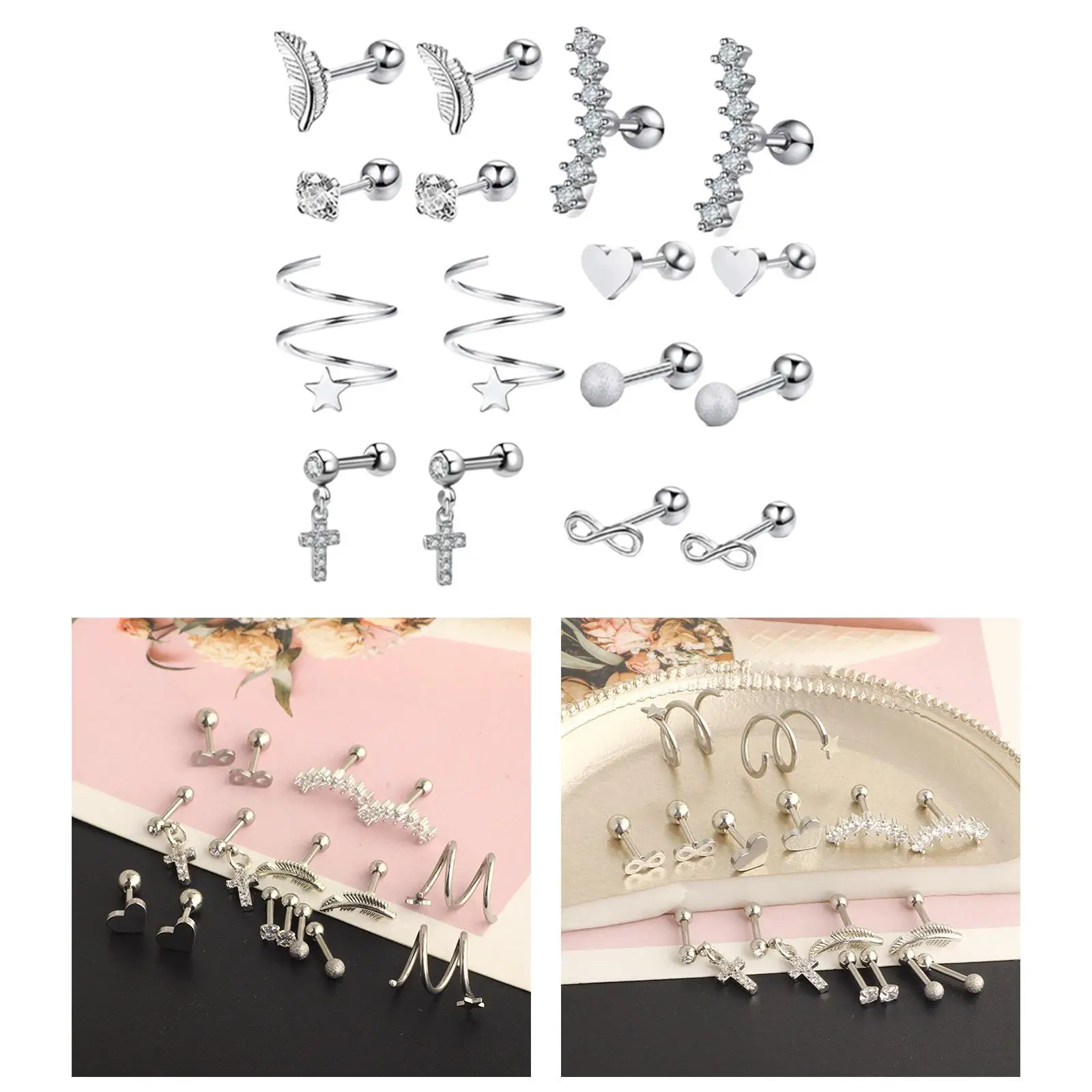 16 Pieces Stainless Steel Earrings Set,  Pendants, for , Heart Ball Feather  Jewelry Nose Rings Barbell Stud Gifts