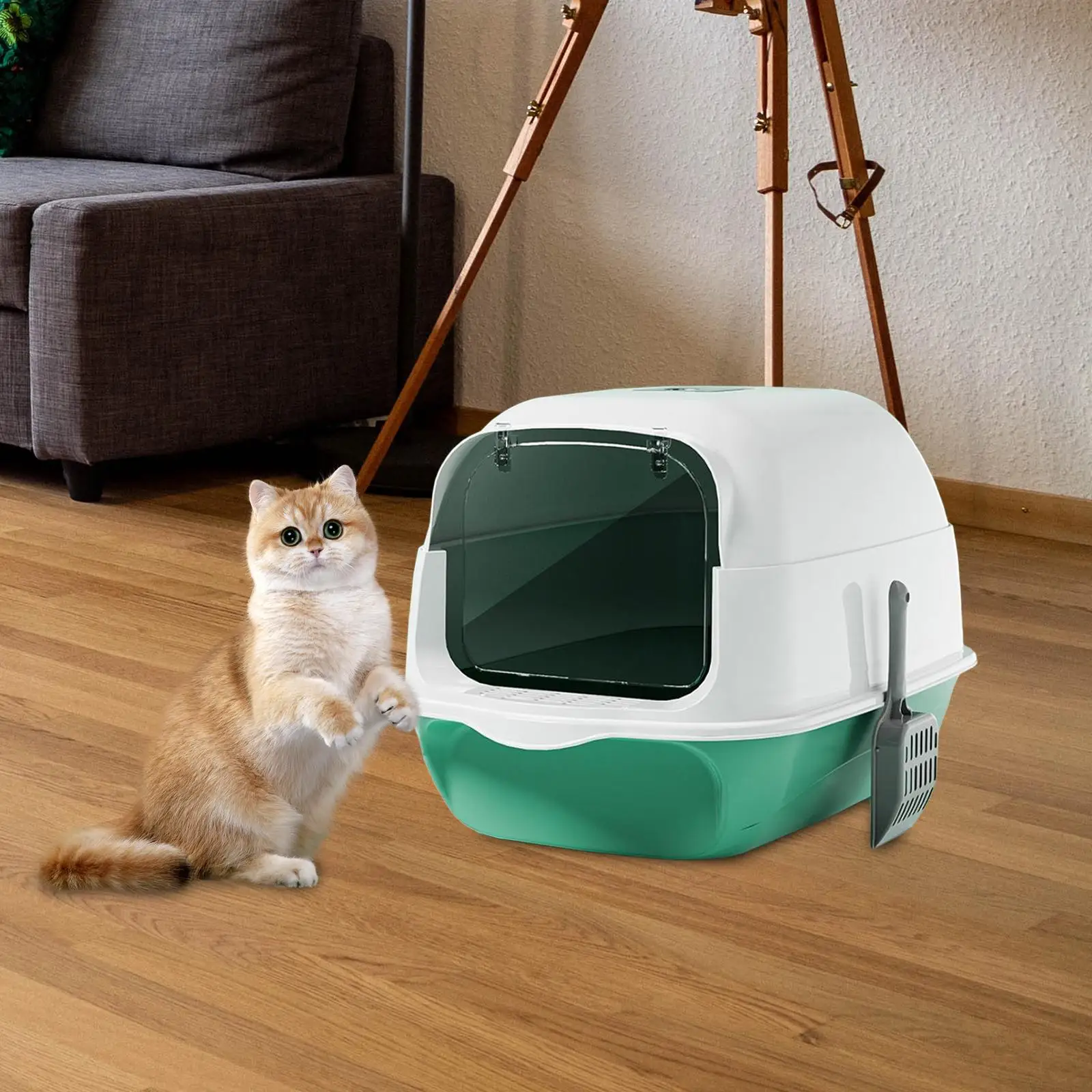 Hooded Cat Litter Box Fully Enclosed Cat Toilet Large Pet Accessories with Cat Litter Shovel Durable Removable Kitty Litter Tray