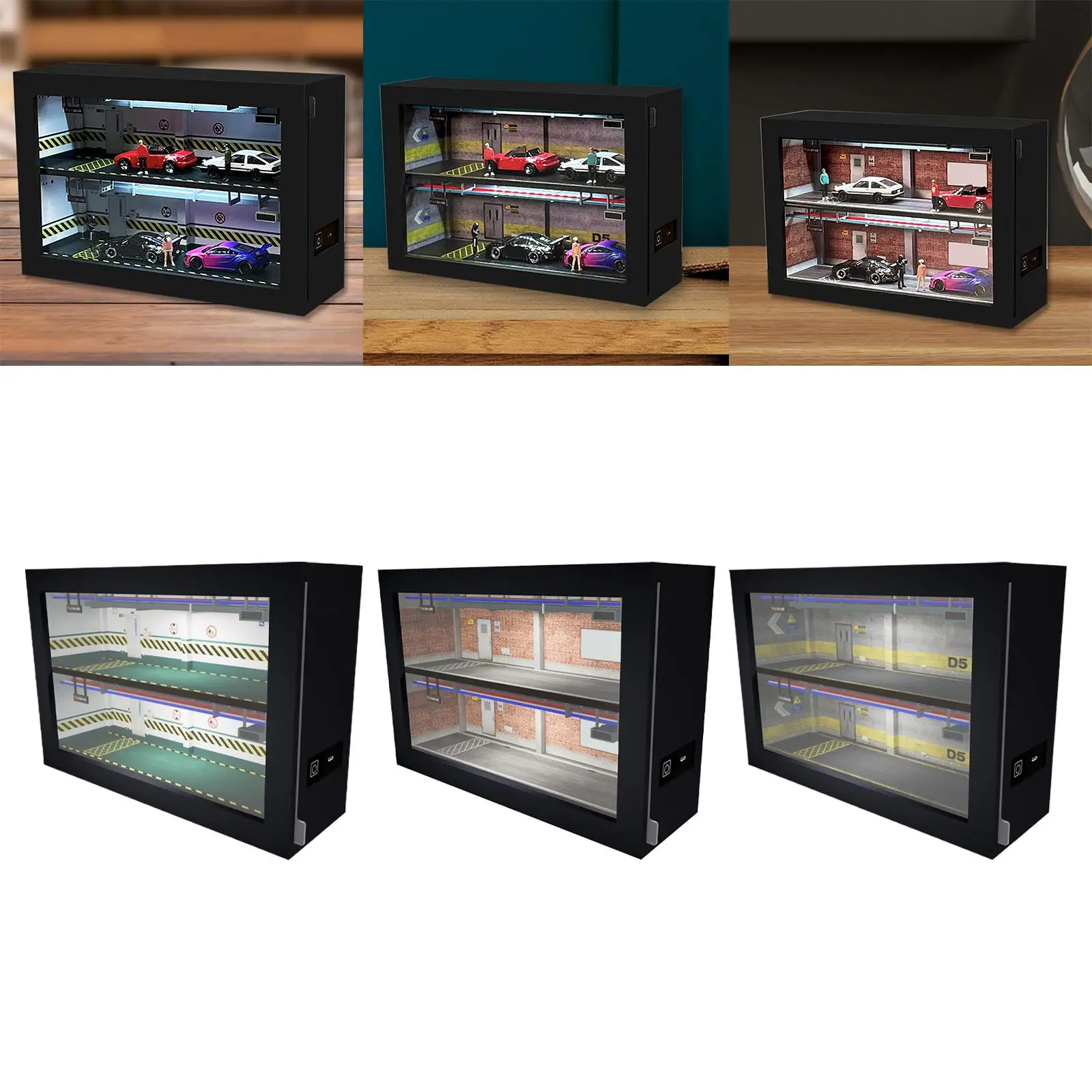 1:64 Garage Display Case Acrylic Cover Decoration Dustproof Double Layer with LED Showcase for Office Desk Countertop Bookshelf