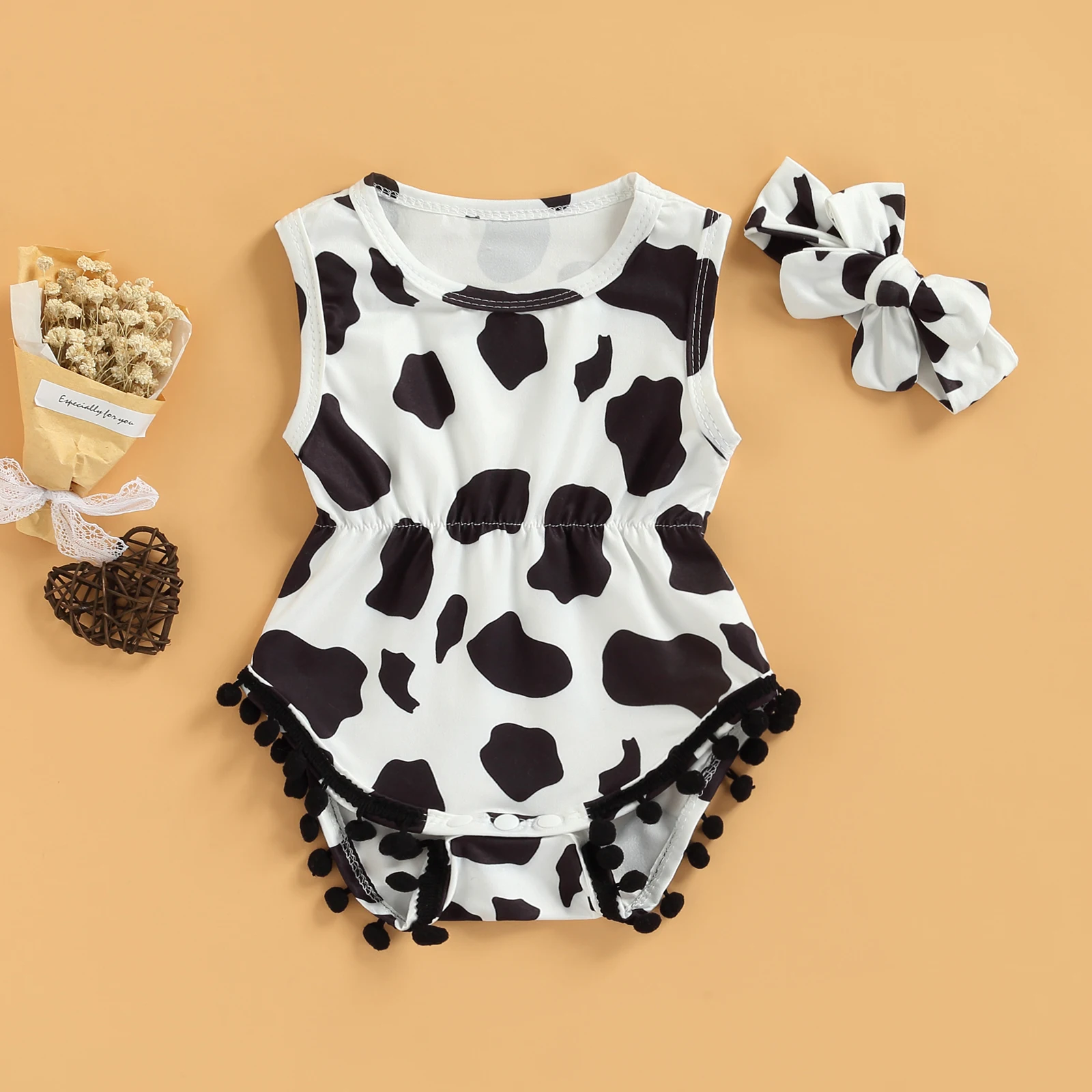 Baby Clothing Set cheap 2Pcs Summer Newborn Baby Cow Print Outfits Toddler Girls Boy Sleeveless Round Neck Tassel Bodysuit+Bow Headband Clothes Suit baby clothes in sets	