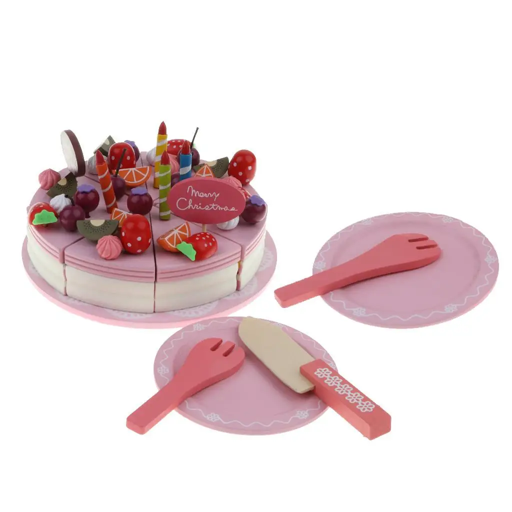 Large Merry Christmas Fruit Birthday Cake & Tableware Wooden Cutting Toys Developmental Pretend Play Game Playset