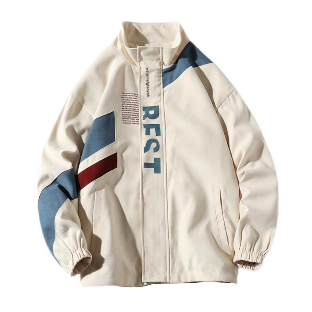 Description Picture 3 of itemSpring Autumn Men Jackets Letter Print Stand Collar Trench Coat Patchwork Color Pockets Single Breasted Zipper Placket Jacket