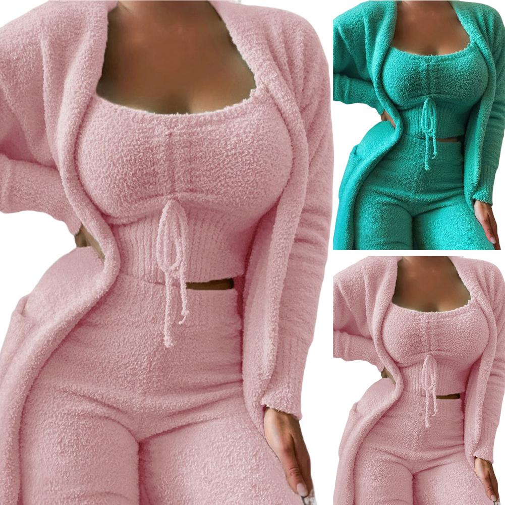 mulheres, loungewear macio, pijamas, 3 peças por conjunto