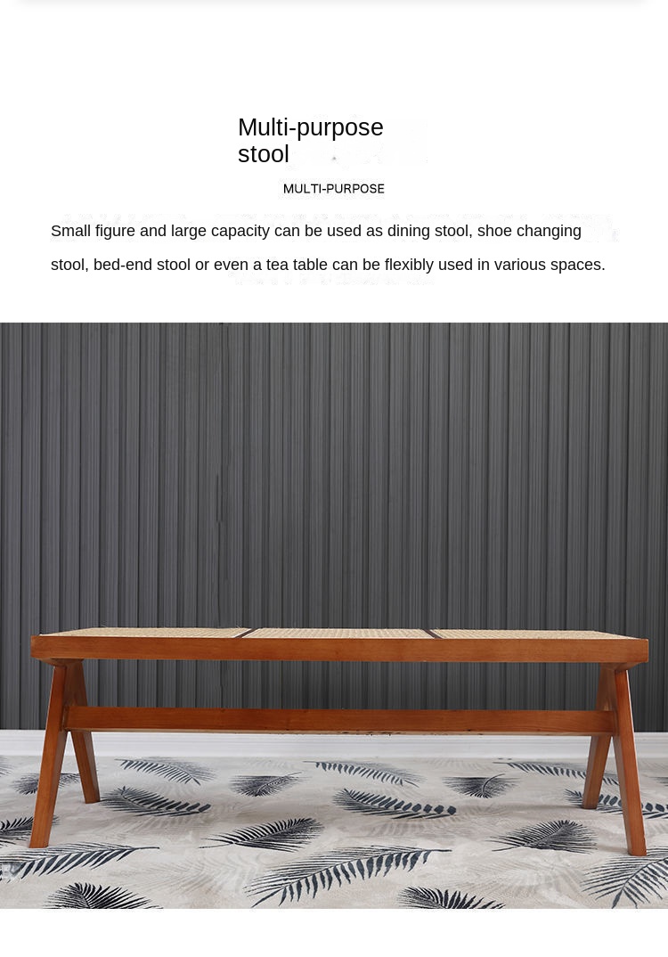 Description Picture 4 of itemWalnut Color Shoes Stool Nordic Solid Wood Rattan Woven Long Chair Living Room Furniture Home Porch Rectangle Retro Small Bench