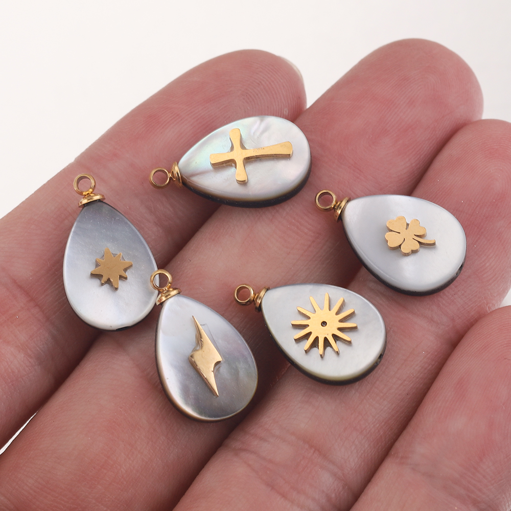 5 stücke Gold-Platte wasser tropfen Edelstahl Charms Natürliche Shell Clover Anhänger für DIY Schmuck Halskette Ohrring liefert – Detail 7