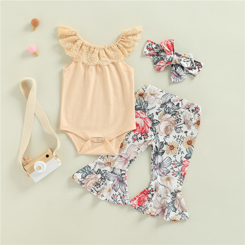 Lovely Infant Baby Girls Summer Clothes Solid Lace Flower Ruffles Bodysuits Tops+Floral Print Flare Long Pants Casual Outfits baby clothes set gift