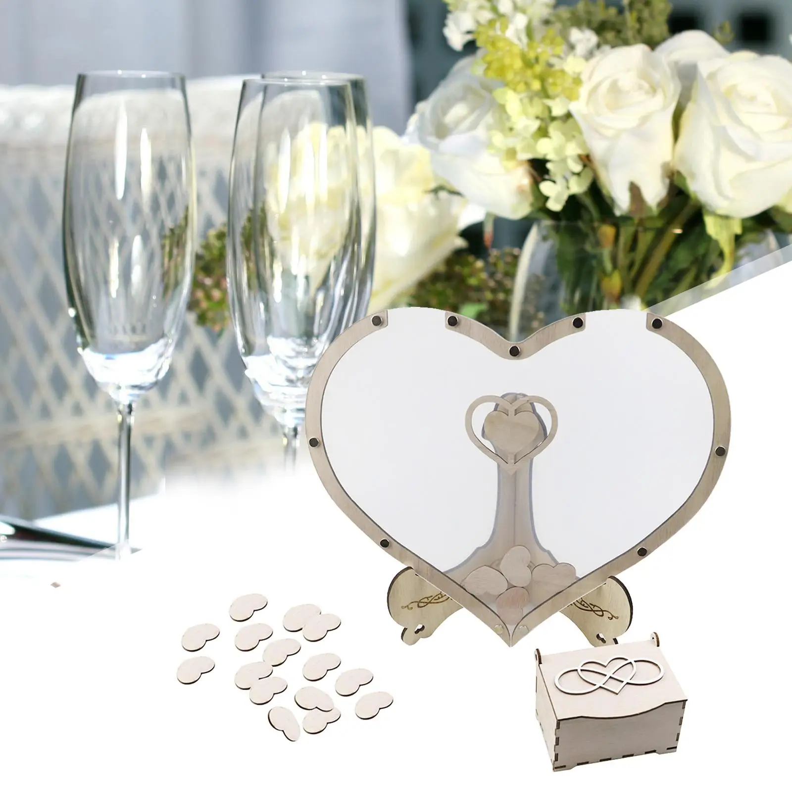 Wooden Wedding Guest Book Heart Frame Guestbook Registry Frame Drop Box Decorative Visitor Card DIY Handmade for Desk Decor