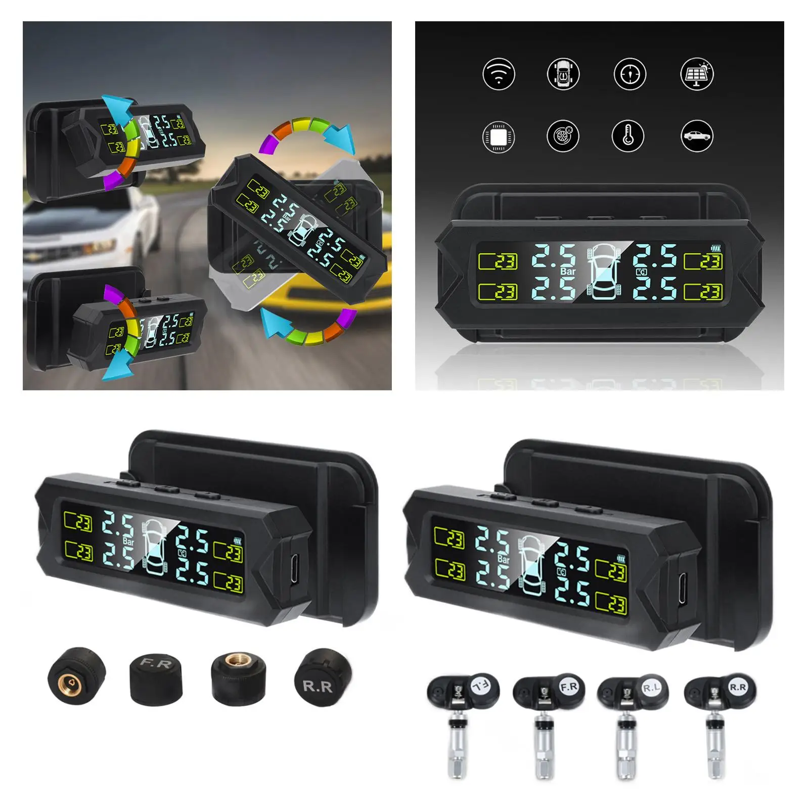 Automotive Car Solar Tmps Sensors LCD Monitor Professional Solar Panel & USB Charging ,Real Time Monitoring for Drive Safety