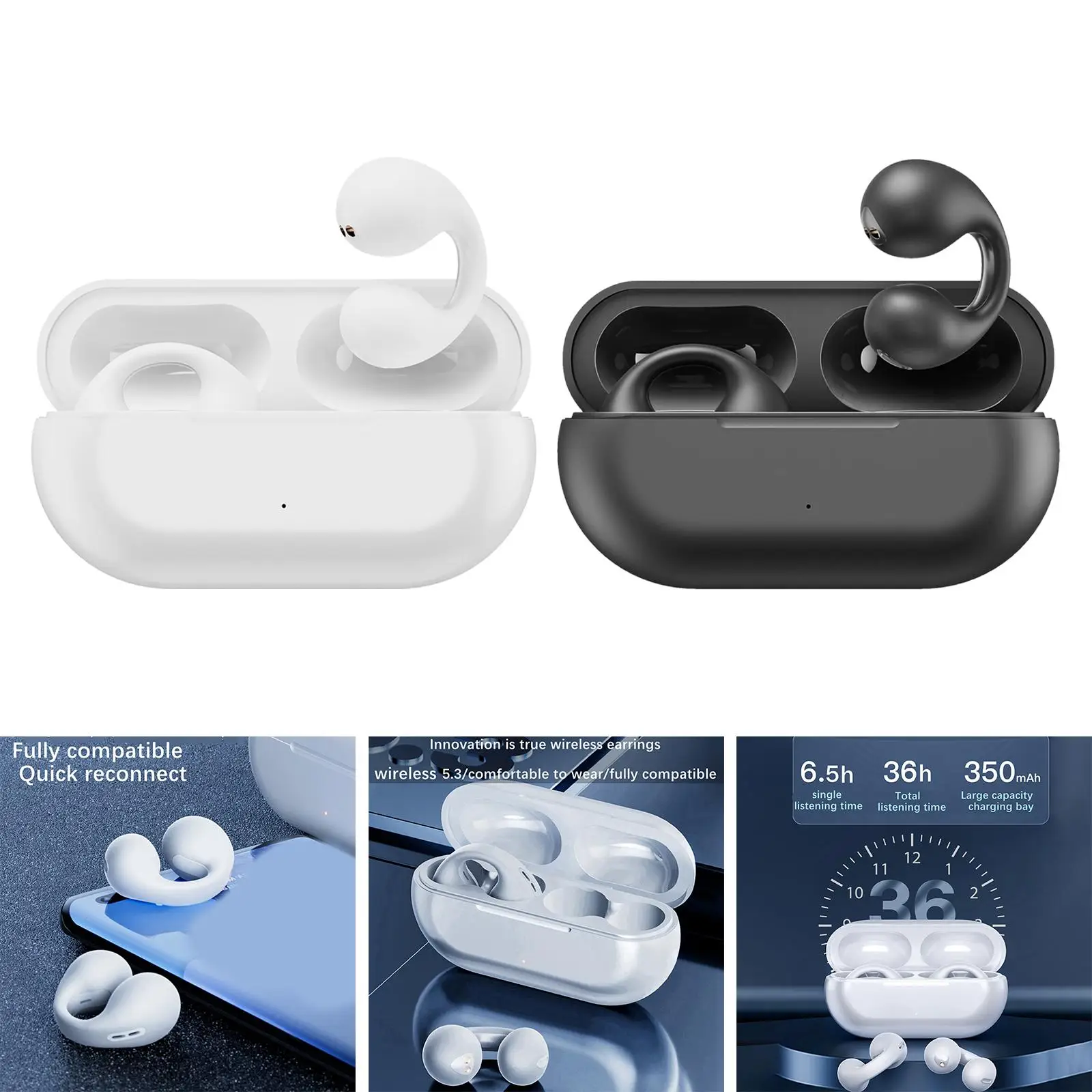 Headphones V5.3 Noise Reduction Ear clip wearing with Charging Case Headset for Gym Running Music Sport Workout Gaming