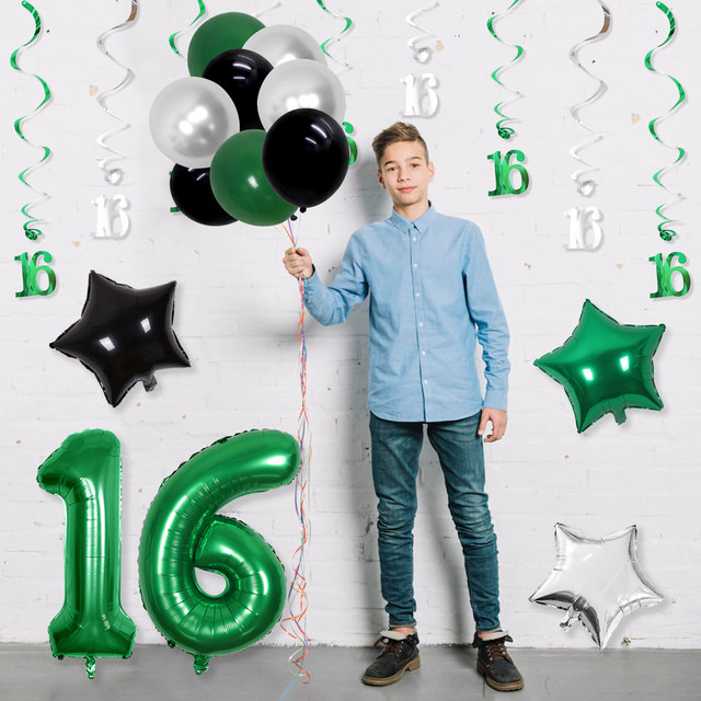 16th Birthday Decorations for Boys, Black and Gold Party Decorations with  Happy 16th Birthday Banner Cake Topper Number 16 Foil Balloon Hanging  Swirls