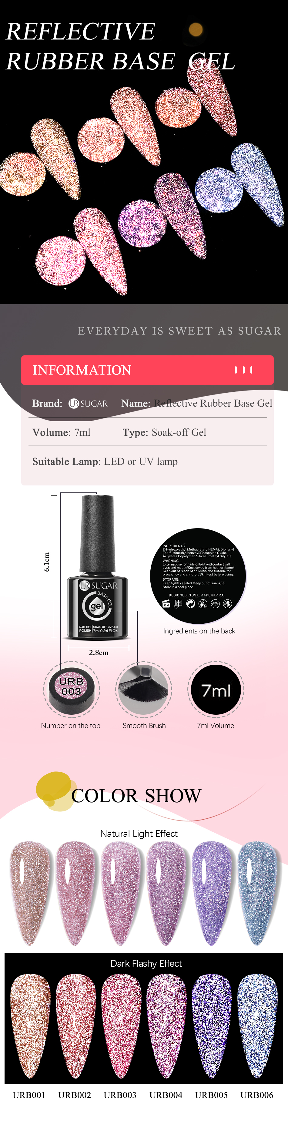 Description Picture 3 of itemUR SUGAR 7ml Champagne Reflective Rubber Base Gel 2 in 1 Sparkling Glitter Flash Base Gel Soak Off UV LED Nail Art Varnish