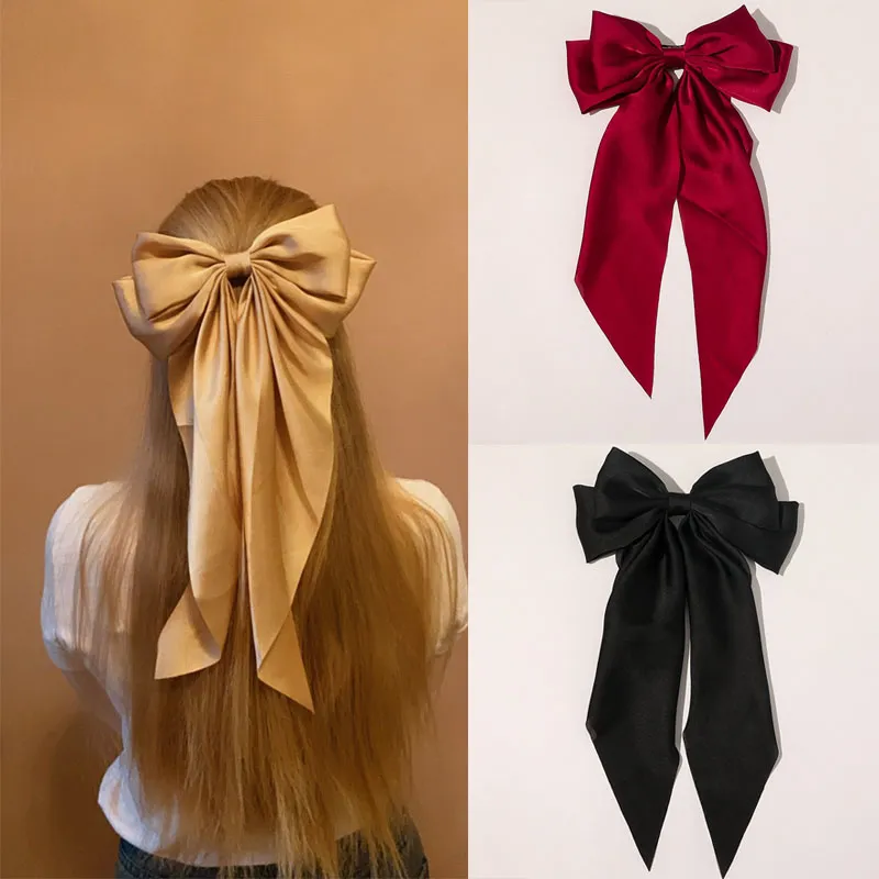 Best of Elegant Bow Long Ribbon Hair Clip Simple Solid Satin Spring Clip Fashion HairPin Retro Headband With Clips Girls Hair Accessorie Reviews & Tips