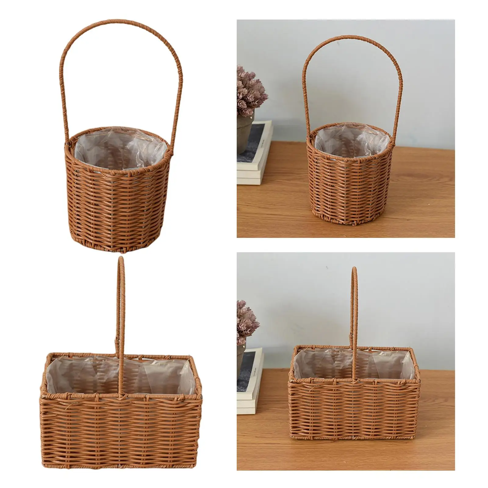 Rattan Flower Basket Vegetables Fruits Holder with Handle Handmade Wicker Basket for Living Room Home Decor