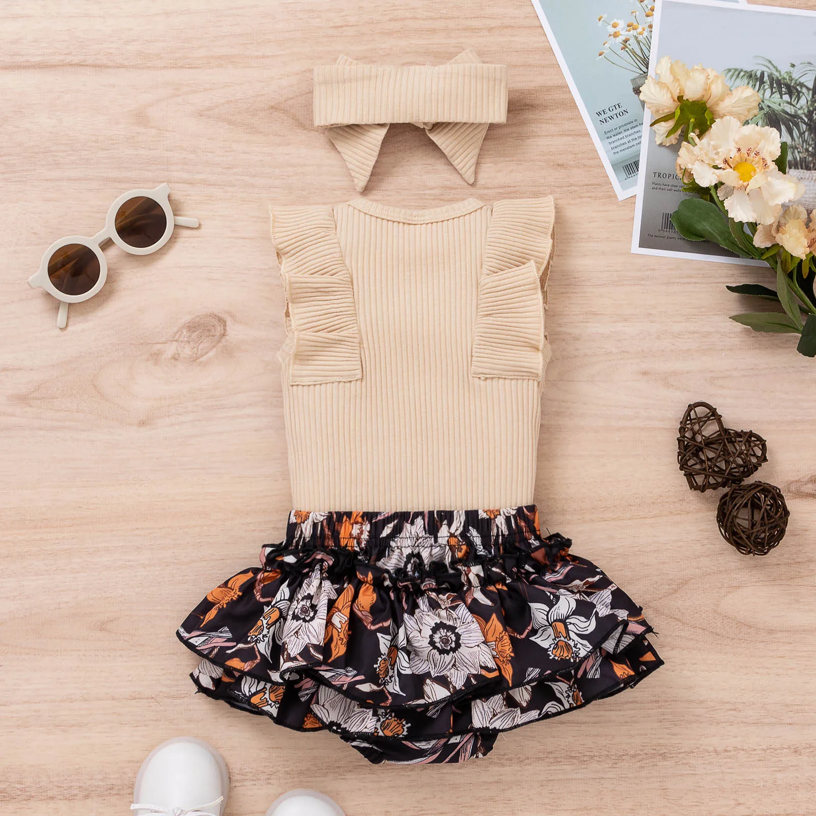 baby dress set for girl Baby Girl Clothes Set Sleeveless Ribbed Romper Bodysuits Ruffles Floral Printed Shorts Headbands Newborn Outfit комплекты одежды baby shirt clothing set