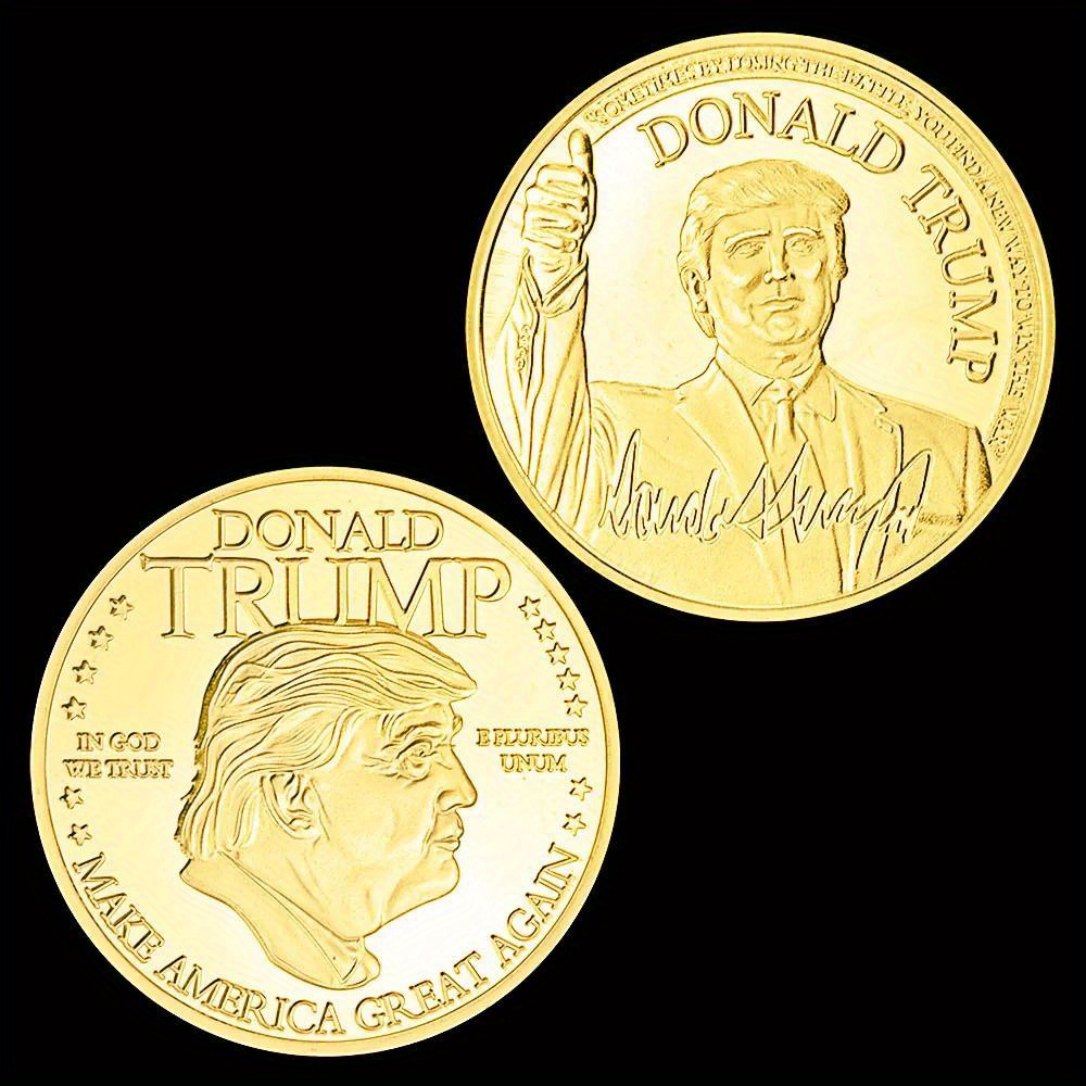 President Donald Trump gold plated tribute coin with thumbs-up gesture.