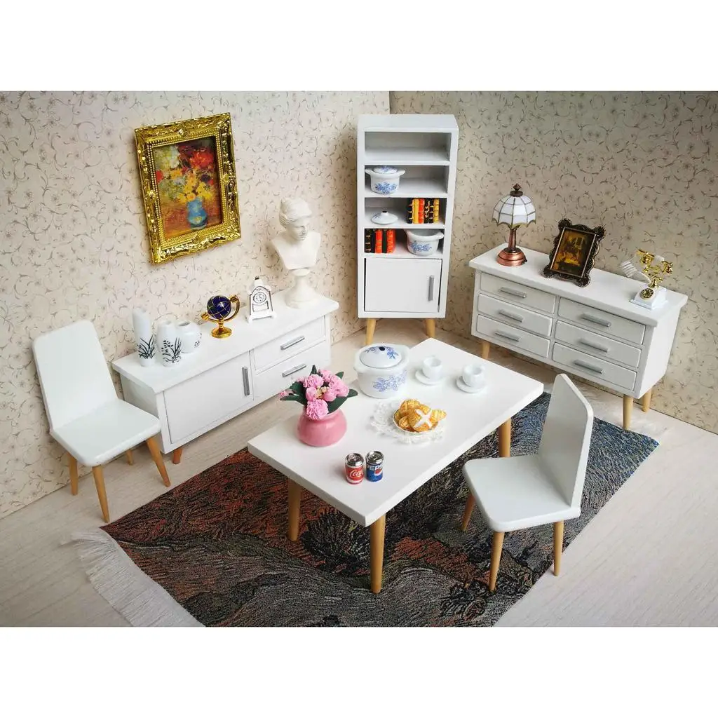 1:12 Wooden Dollhouse Miniature Kitchen Furniture and Accessories, 6pcs (1 Table, 2 Chairs, 2 Cabinet, 1 Bookshelf)