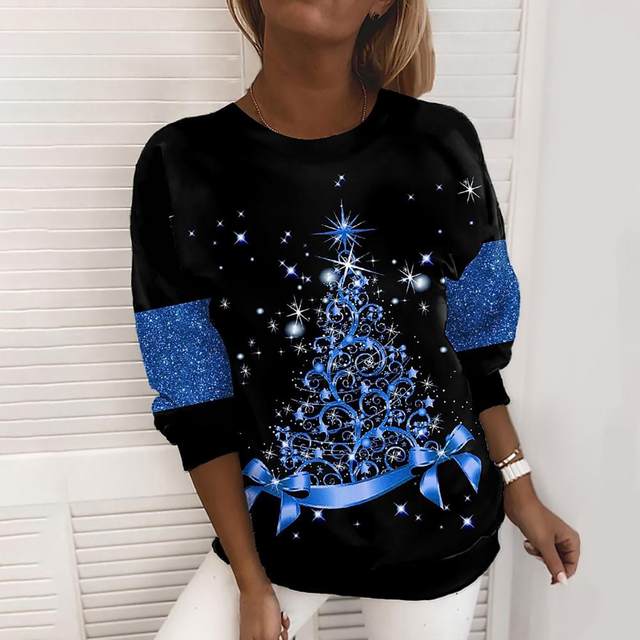 Camiseta de árbol de Navidad para mujer, Jersey informal de manga larga,  suéter de cuello redondo para mujer, ropa de fiesta, Top de calle