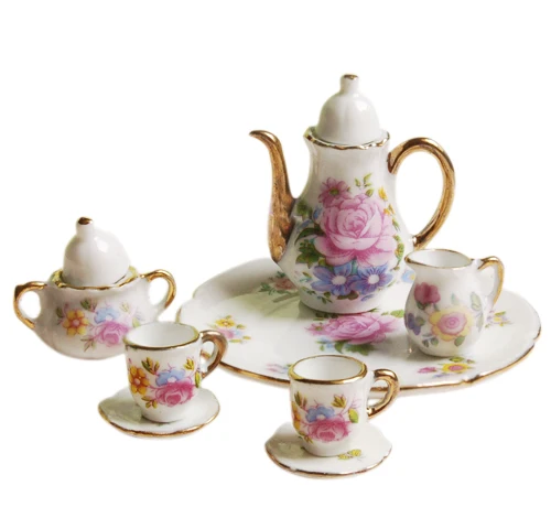 NEW ARRIVAL Children`s Classic Toys 8pcs Dollhouse Miniature Dining Ware Porcelain Tea Set Dish Cup Plate -Pink Rose  HOT SALE