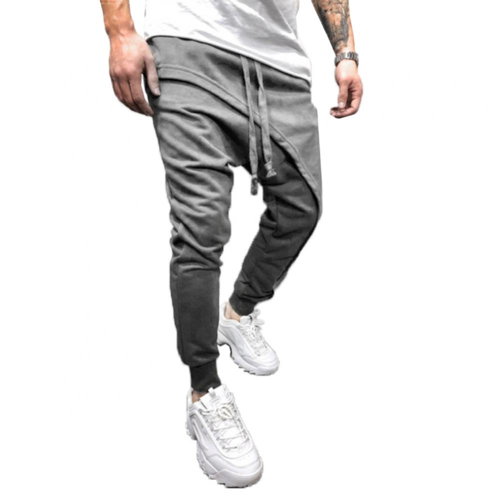 Description Picture 4 of itemSolid Color Pant Pants Sporty Long Men Drawstring Asymmetric Double Layer Running Pants