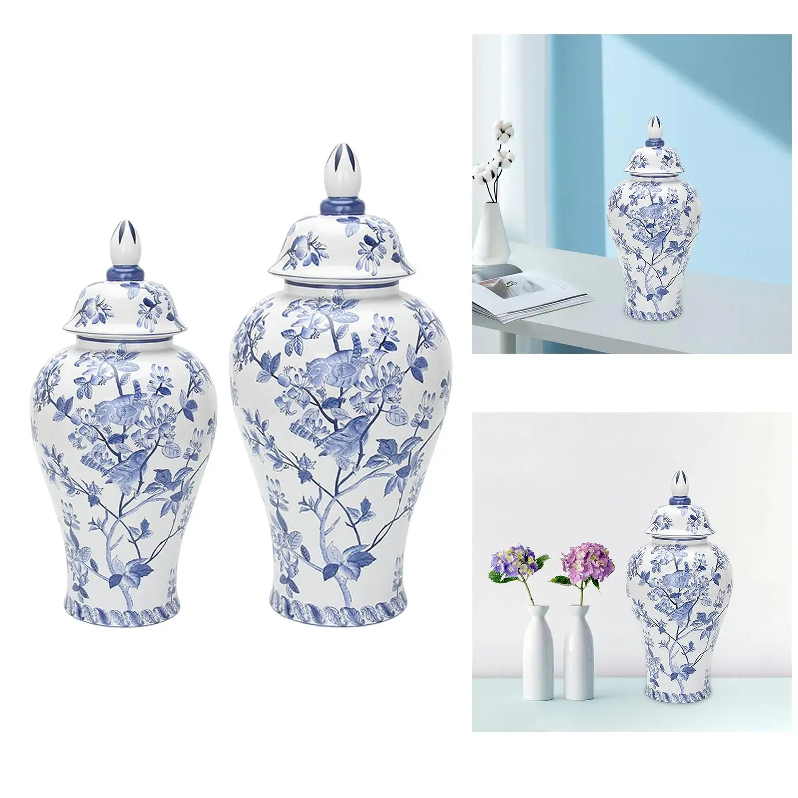 Ceramic Flower Vase Temple Storage Jar Handicraft Table Centerpiece Decor Blue White Porcelain Ginger Jar for Collection Party