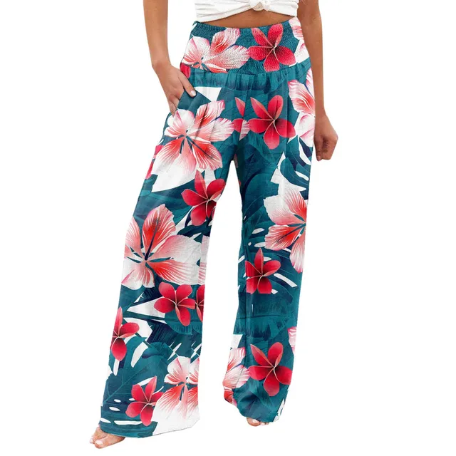 Summer Women Casual Joggers Pants Streetwear Flower Print Wide Leg