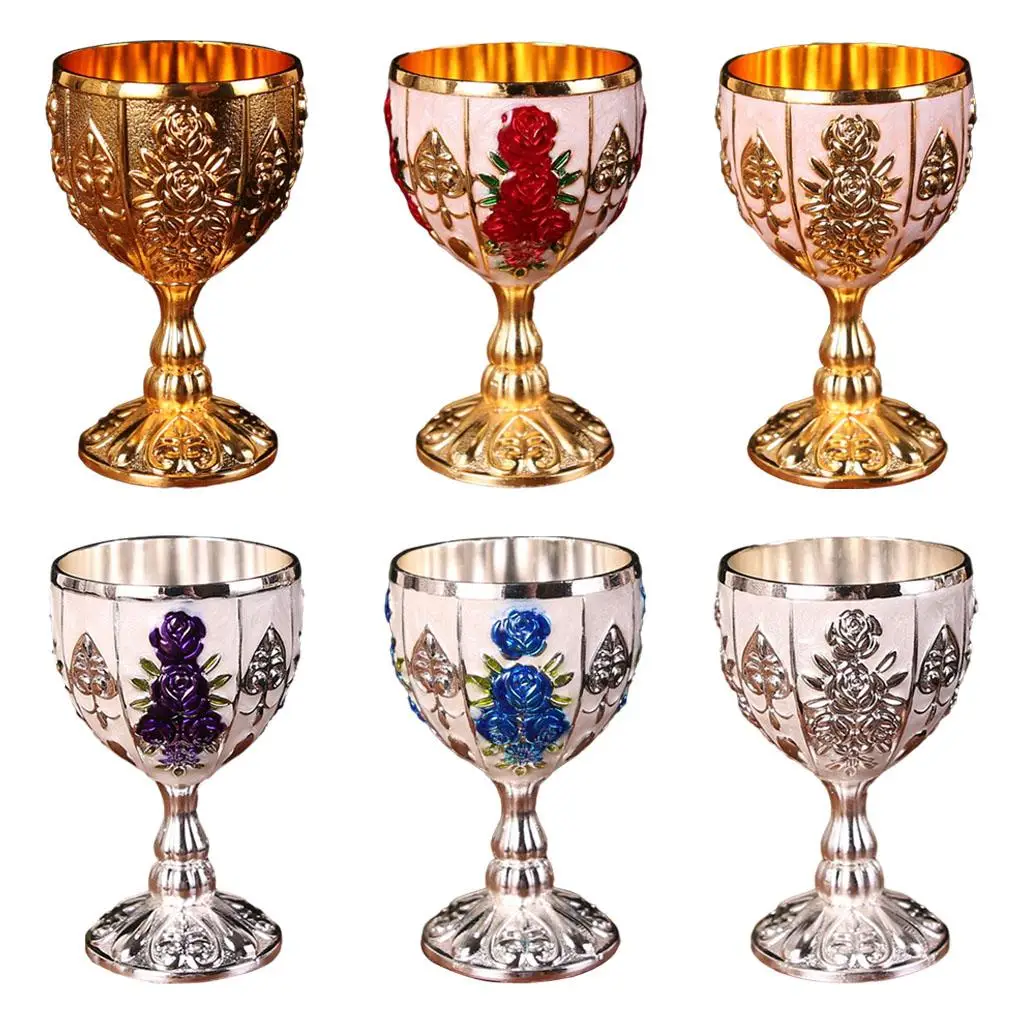 Vintage Classical Metal Wine Goblet Wine Glasses Embossed Cup Elegant Handmade Cup Glass Bar Parties European style Decor Gifts