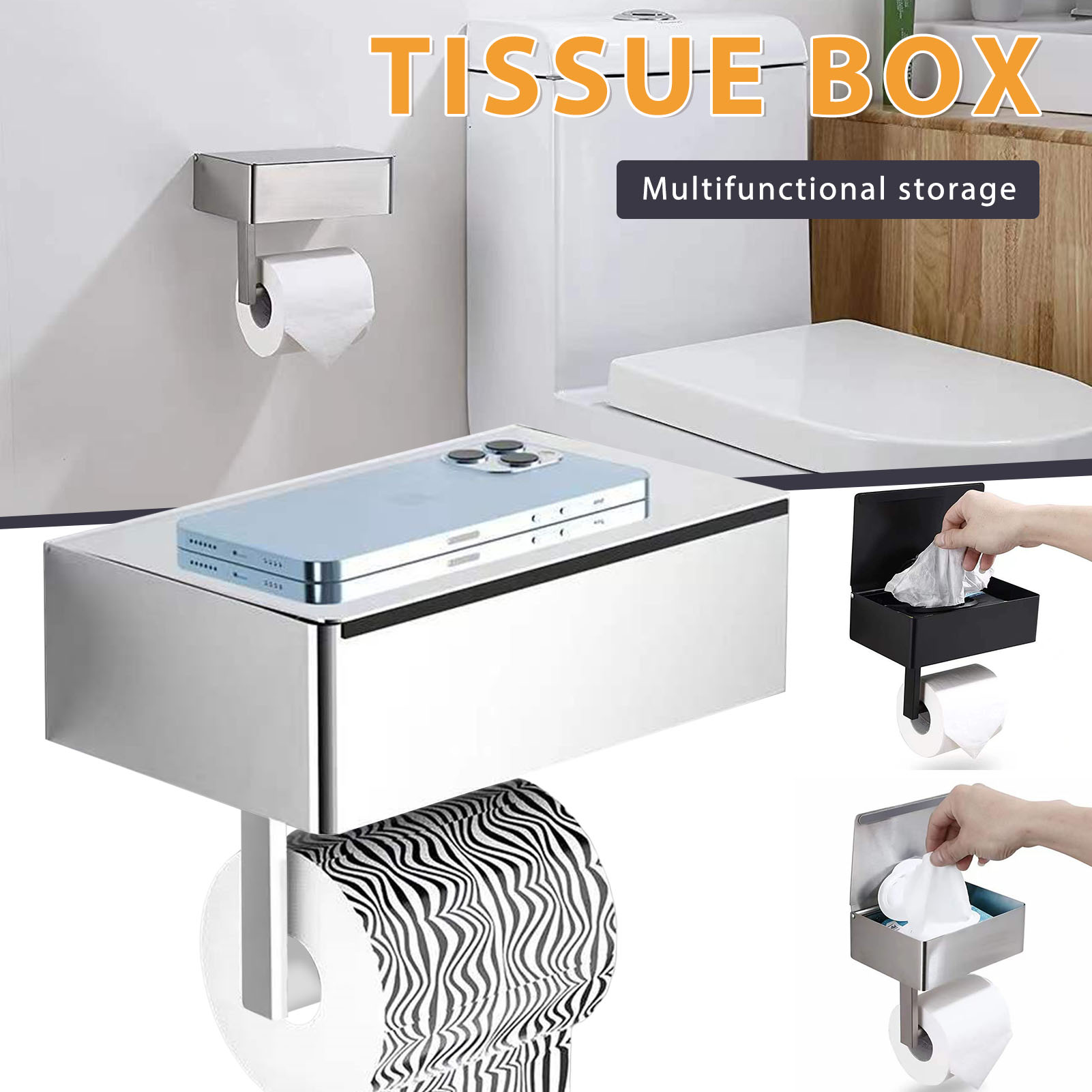 Toilettenpapierhalter zur Wandmontage, wasserdicht, Taschentuchbox aus Edelstahl 304, Spender für Feuchttücher, Taschentuch-Organizer, Serviettenhalter – Detail 1