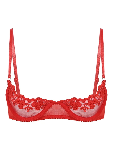 inhzoy Women's Sheer Unlined See Through Cut Out Bra Red XXL
