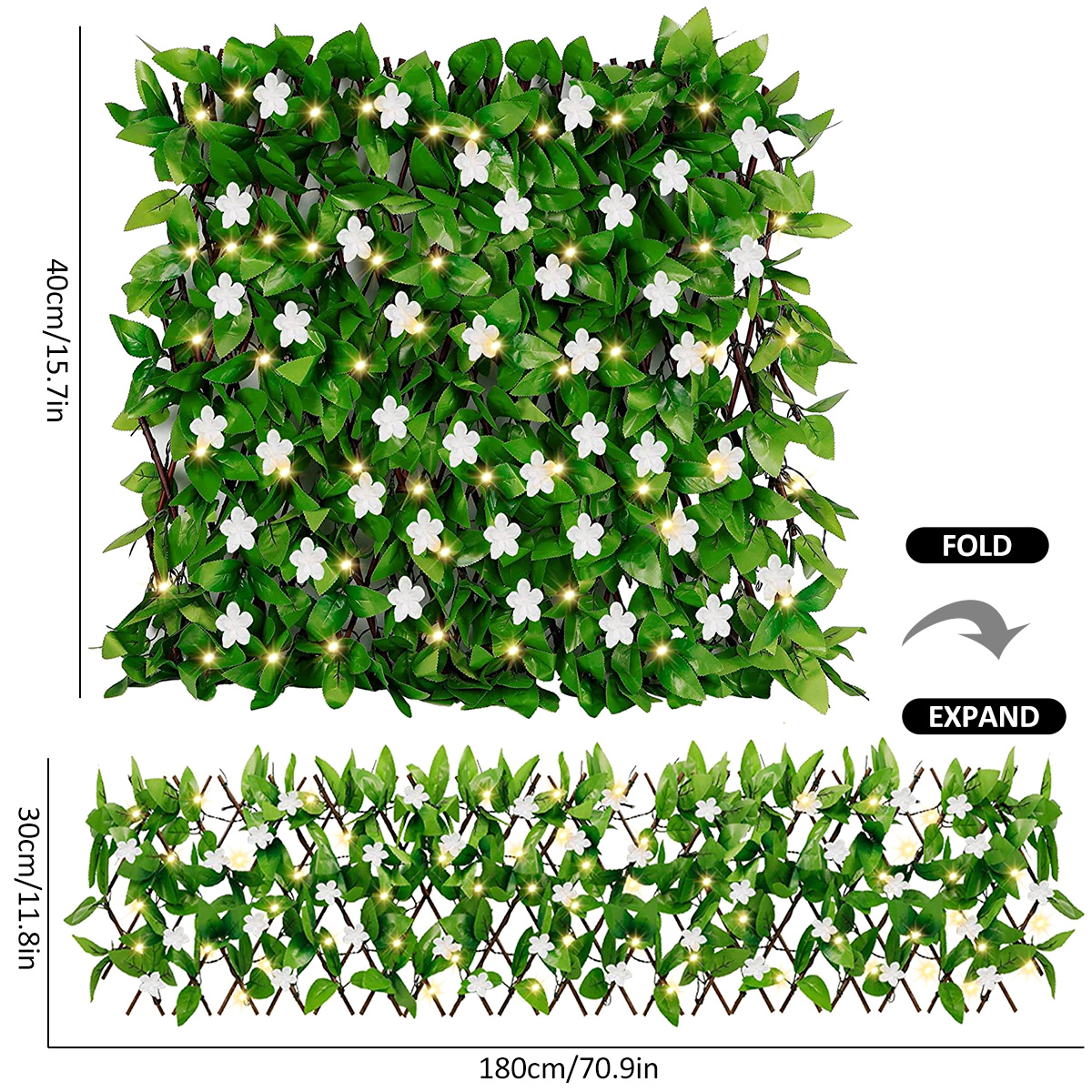 Expandable Fence Privacy Screen 30x180CM Artificial Fencing Panel with 8 Modes Solar Lights Faux Ivy Hedge Flower Fence Indoor