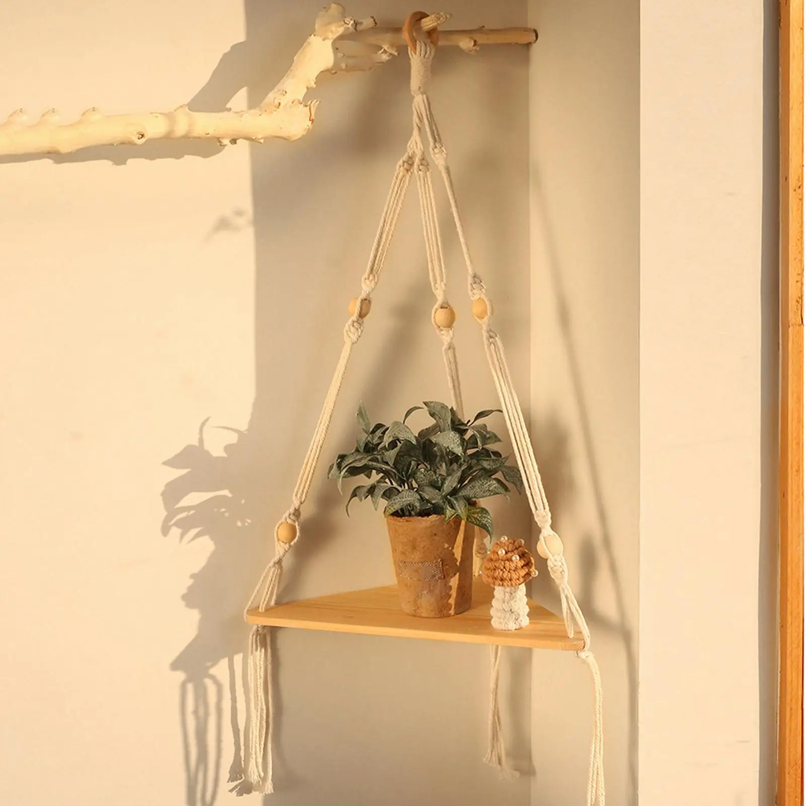 Macrame Wall Hanging Shelf Wood Wall Shelf with Woven Rope Bohemian Triangular