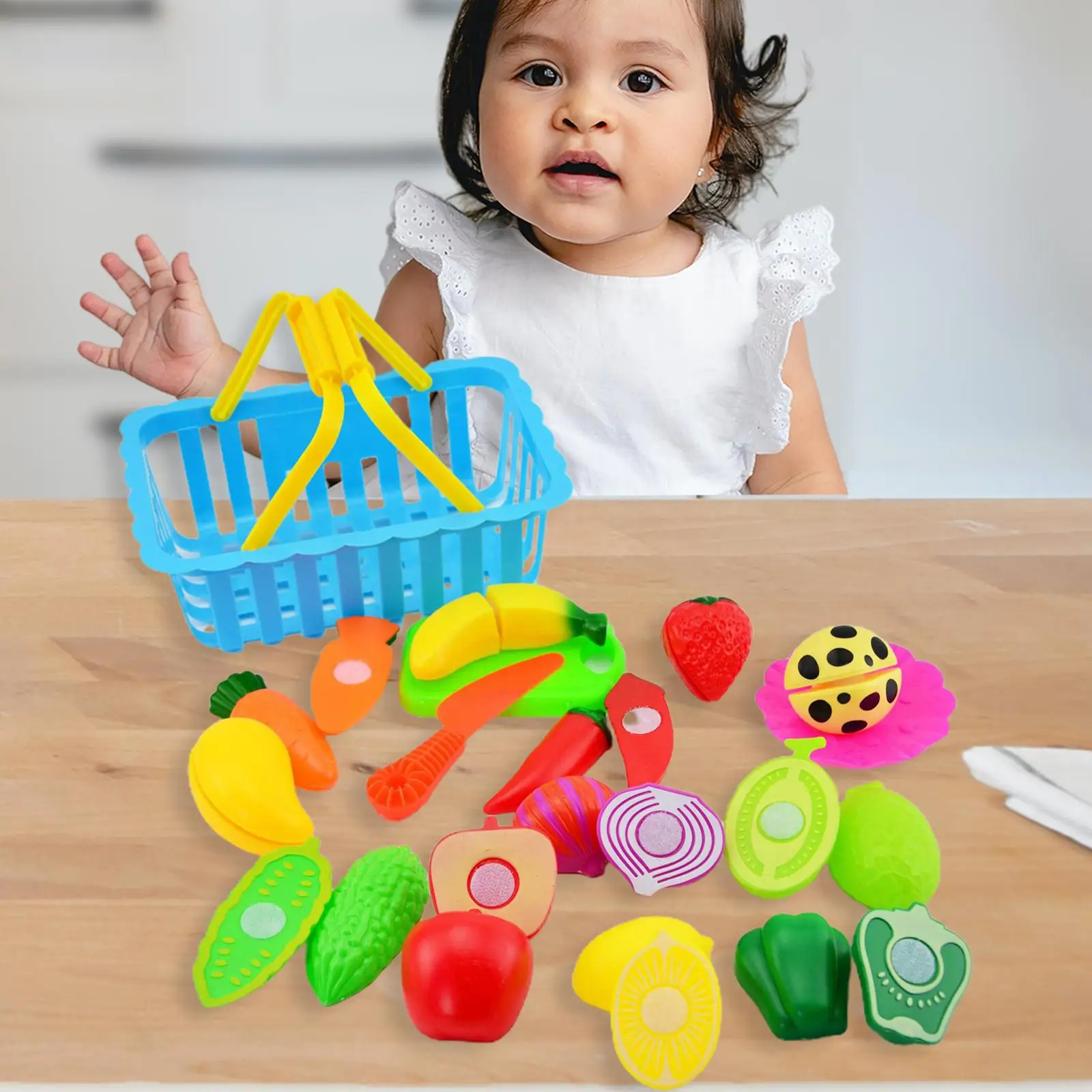 Pretend  Set Vegetables and Fruits Role  Simulation Cutting  Food for Over 3 Years Old Toddlers with Storage Basket