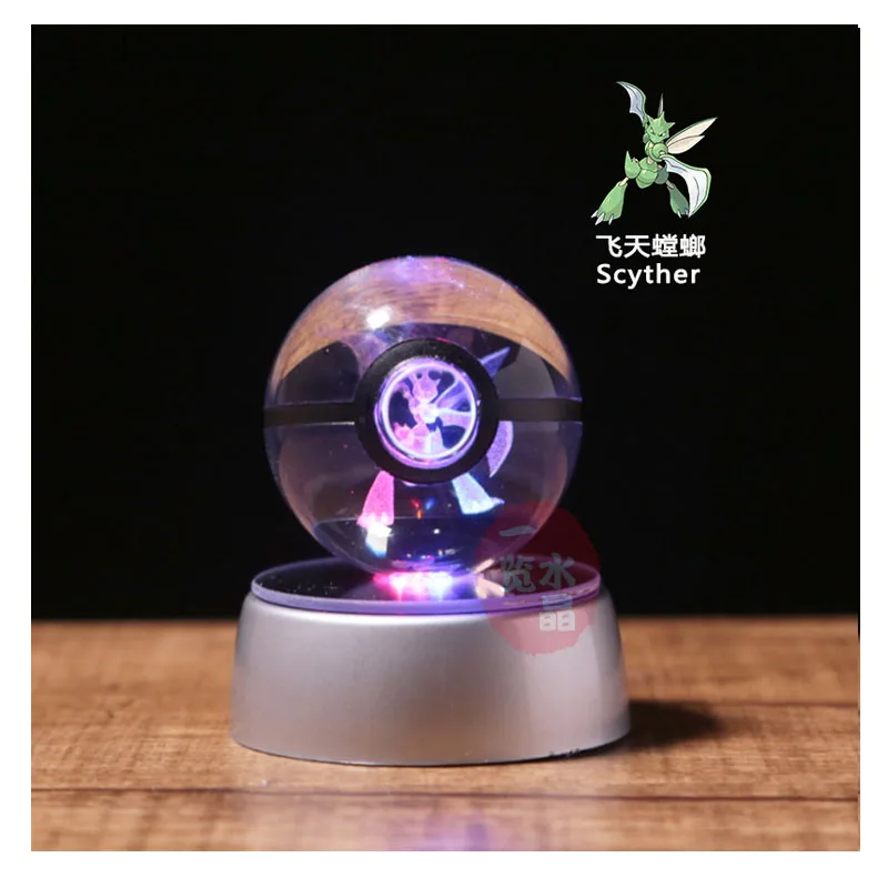 Anime Pokemon Scyther 3D Crystal Ball Pokeball Anime Figures Engraving Crystal Model with LED Light Base Kids Toy ANIME GIFT