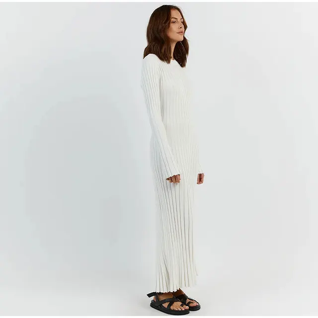 Elegant Rib Knit Maxi Dress Female Solid O-neck Long Sleeve sweater dress  woman 2023 Slim Autumn A-Line Dress Lady Streetwear