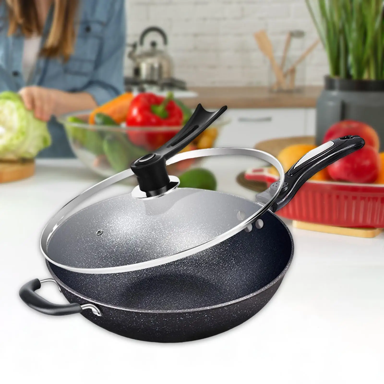 Wok Pan with Lids Saute wok Pan Nonstick No Coated Cooking Wok Nonstick Woks Stirfry Pans for Meat Toast Cheese Cake Omelets