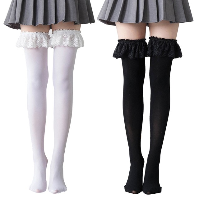 Black White Soild Color Long Socks Women Over Knee Thigh High