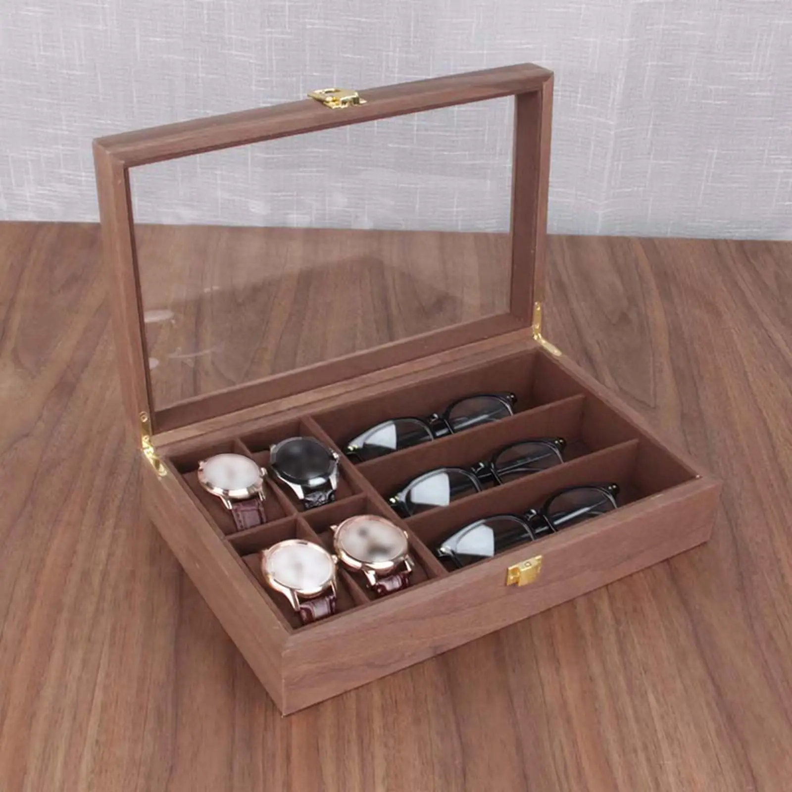 Wooden Watch Box 4 Watch Slots 3 Sunglasses Grids Portable Vintage Lockable with Clear Top Organizer Jewelry Storage Men Women