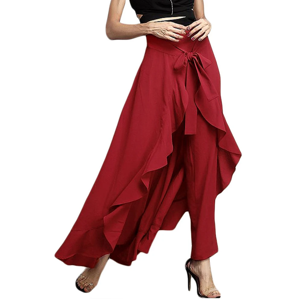 Women Solid Color Ruffle Irregular High Waist Culottes Long Pants for Beach Party Best Sale-WT nike skirt