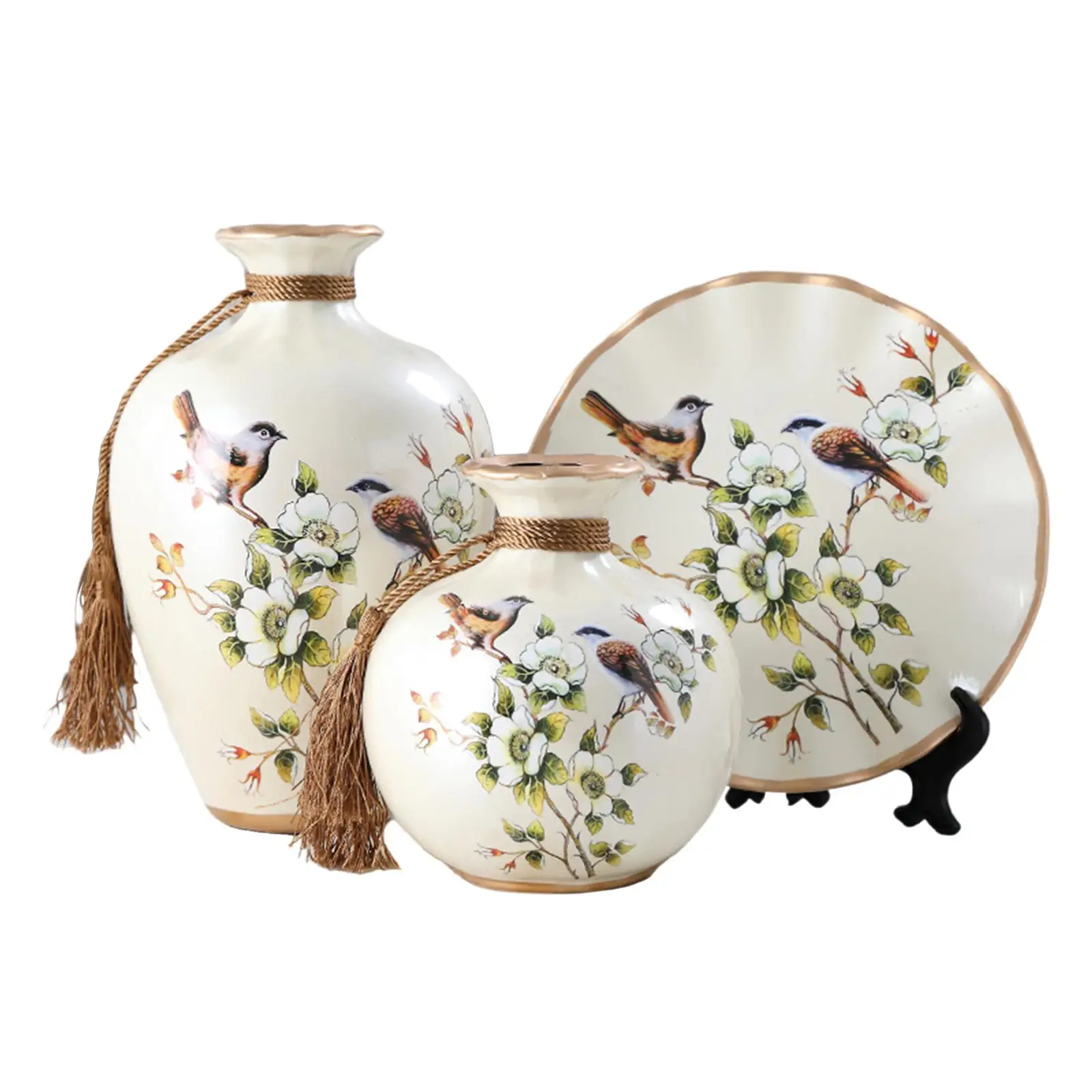 3x Chinese Style Ceramic Vases Bird Pattern Porcelain Vase for Farmhouse