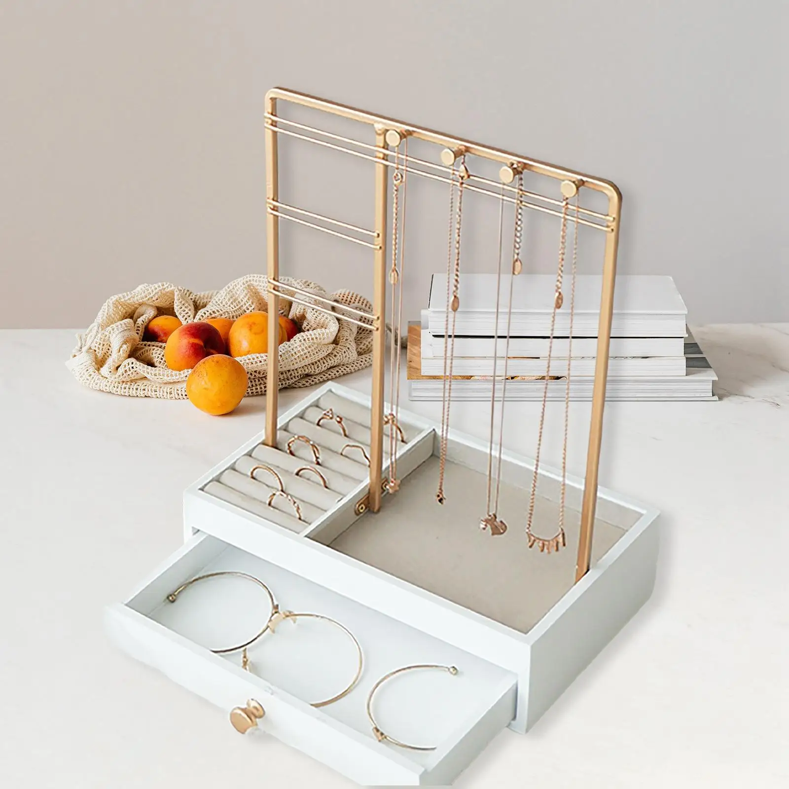 Jewelry Organizer Stand with Drawer Wood Basic with Hooks Storage Box Display Tower for Necklace Rings Earring Watches Bracelets