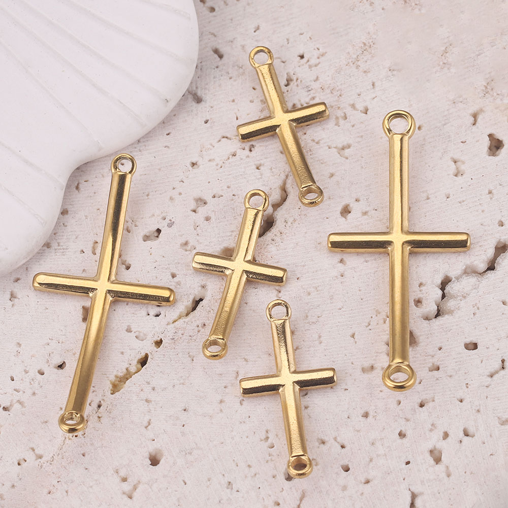 10 Stück vergoldete Doppelloch-Biegekreuz-Charm-Anhänger aus Edelstahl für DIY-Schmuckherstellung, Zubehör – Detail 5