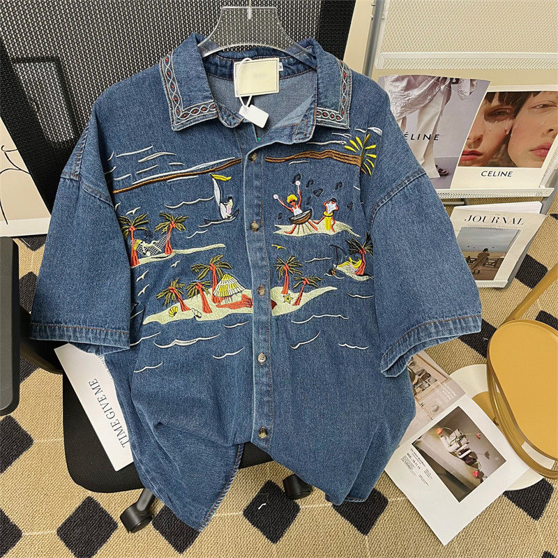 Denim Camisas Mulheres de Manga Curta Camisas