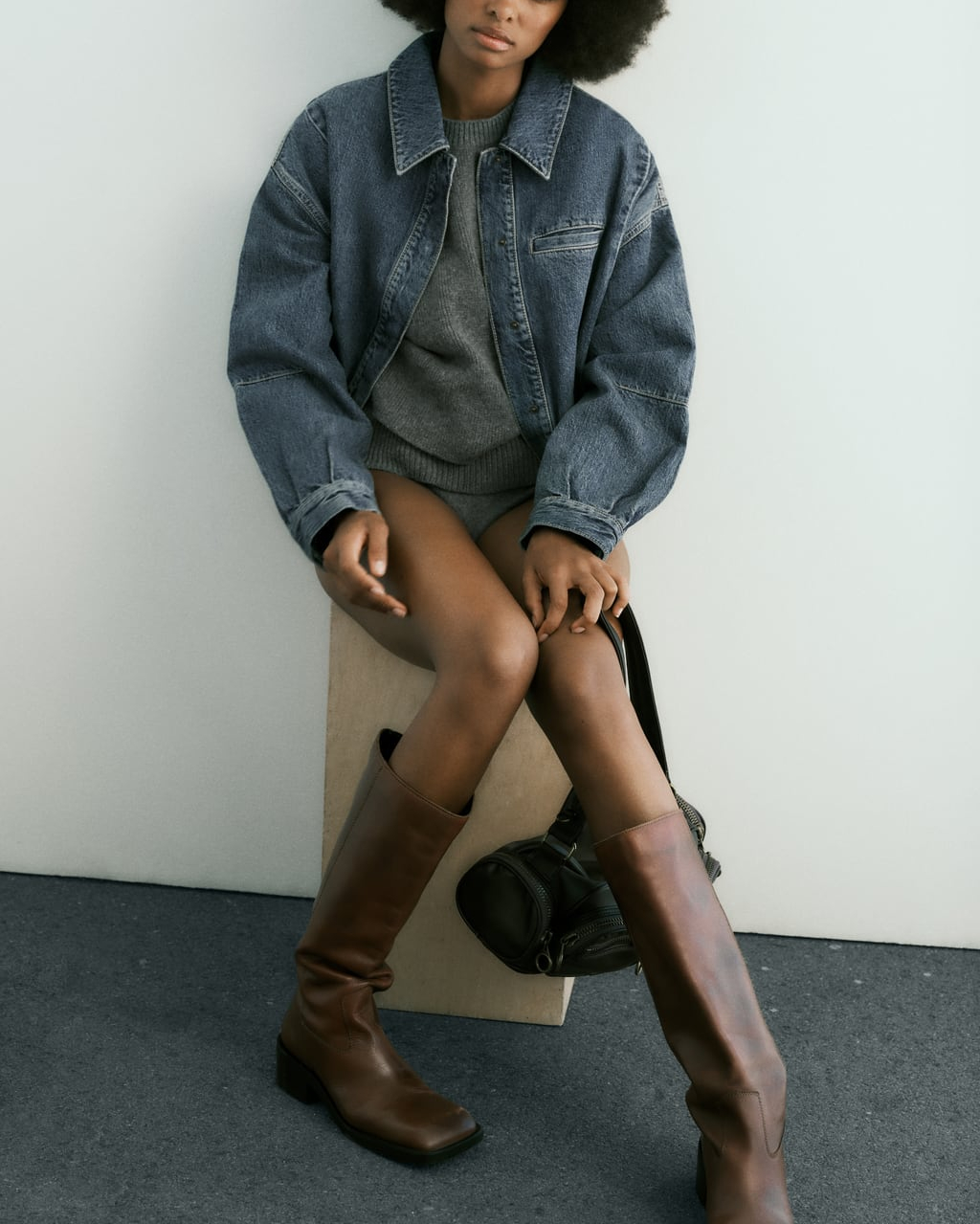 Giacca bomber in denim da donna Autunno nuovo risvolto maniche lunghe spalle scese orlo elastico giacca cappotto capispalla femminile_voghion.com