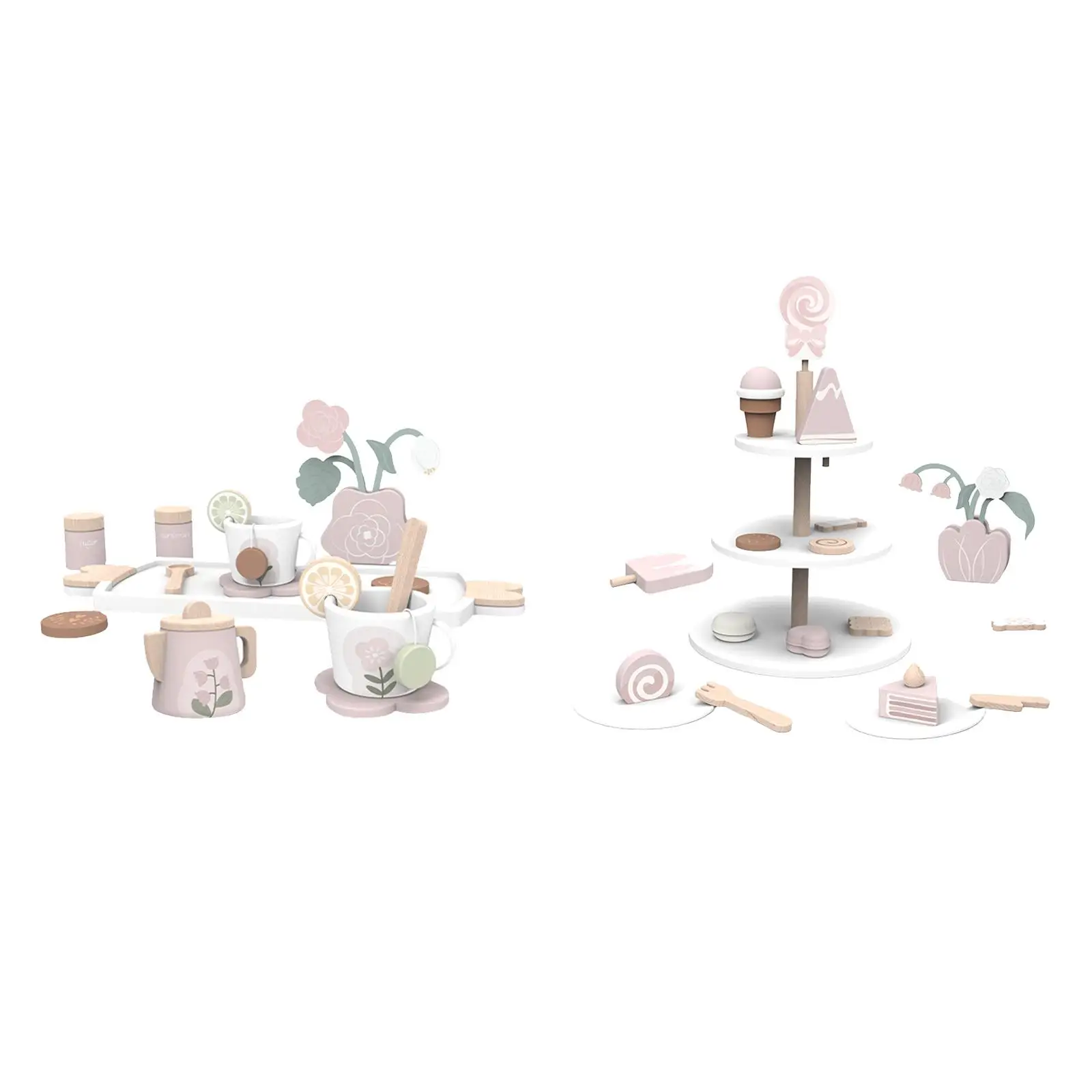Wooden Cake Stand and Cakes Toy with Accessories Pretend Play Kitchen Playset Wooden Toys Cake for Kids Tea Party Boy Girl Kids