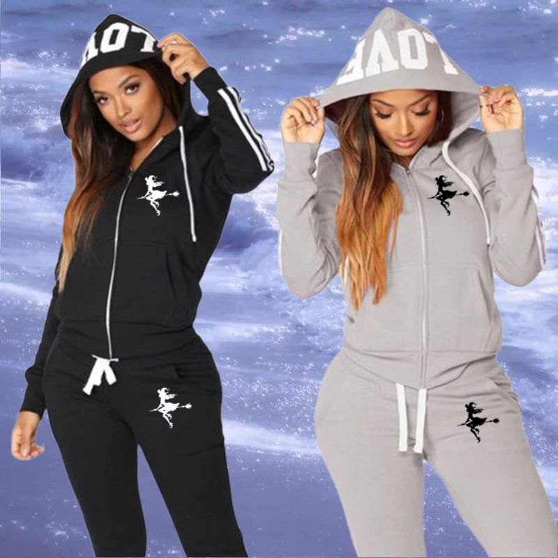 Printed Woman Zipper Hooded Tracksuits Pullover + Pants 2 Pcs Set Spring and Autumn Women's Suit Fitness Jogging Sports Kit hoodie jacket
