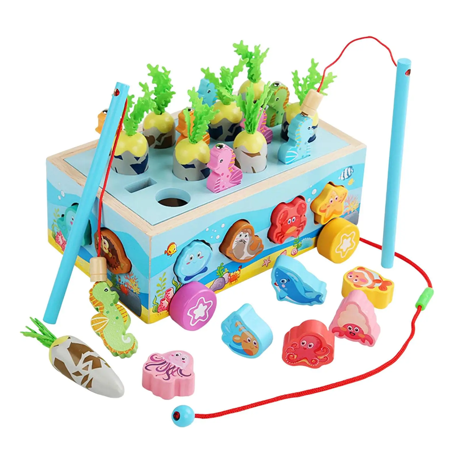 Montessori Fishing Game Car with Animal Blocks Educational Toys Wooden Shape Sorter Toys for Girls Boys Toddler Birthday Gift